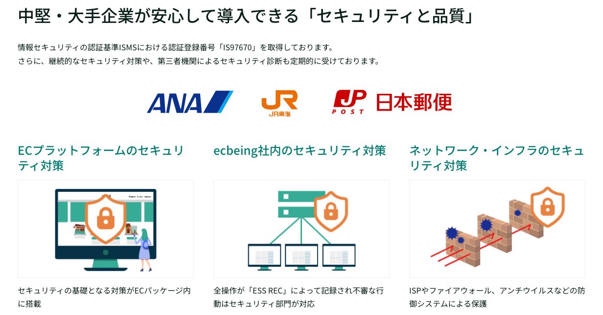 ecbeingのセキュリティ対策の説明。ISMS認証登録番号IS97670の取得と第三者機関による診断、ECプラットフォーム・社内・ネットワークとインフラの3つの層の対策